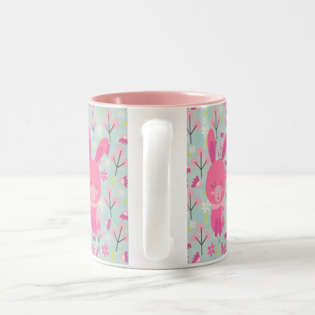 Pink Bunnies and Flowers Two-Tone Coffee Mug (Handle)
