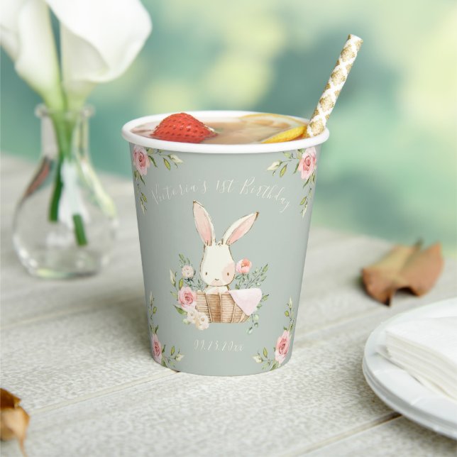 Pink Bunny 1st 1 One Sage Birthday Party Paper Cups (Insitu)