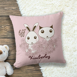 Pink Bunny and Kitten Animal Best Friends Kids Cushion