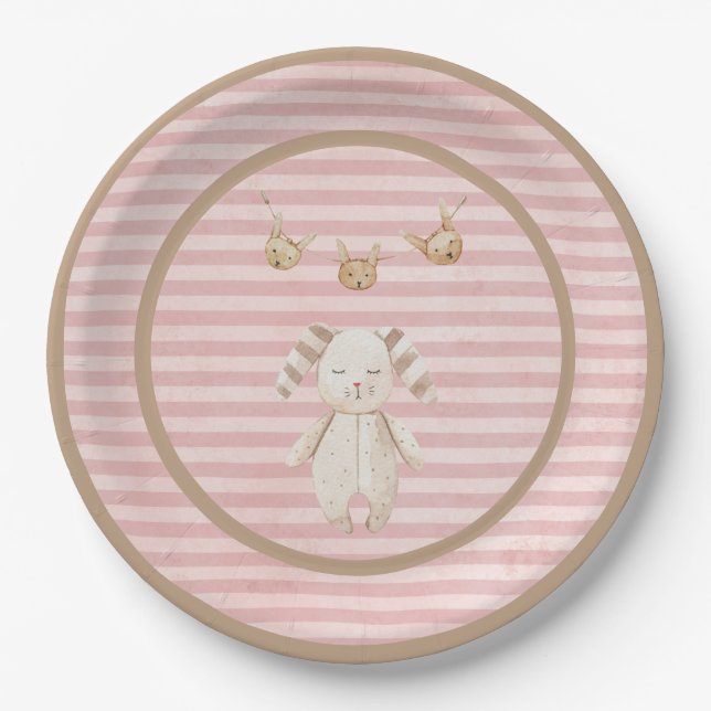 Pink Bunny Baby Girl  Pastel Stripes Paper Plate (Front)