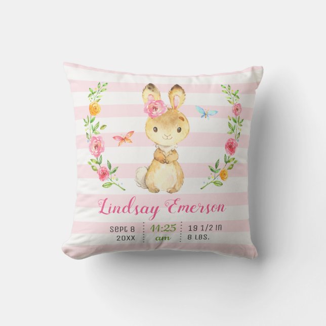Pink Bunny Baby Girl Stats Toddler Newborn Nursery Cushion (Front)