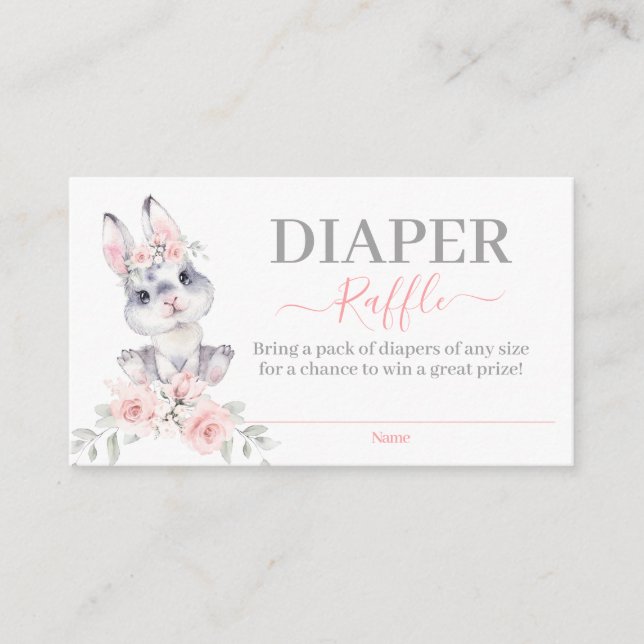 Pink Bunny Baby Shower Girl Diaper Raffle Card (Front)