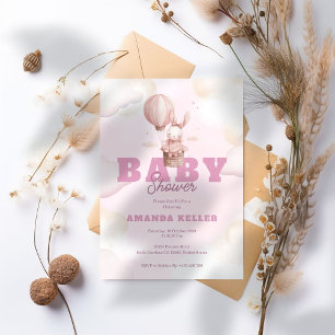 Pink Bunny Ballon Sky Cute Baby Shower Invitation