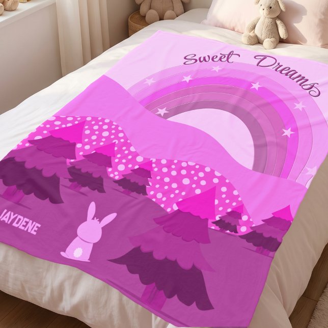 Pink Bunny Bedtime Story Fleece Blanket (Pretty pink & purple hand drawn cute bunny, hills & rainbow blanket for little girls. Add her name.)