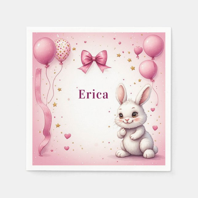 Pink Bunny Birthday Balloon 🐰 Napkin (Front)