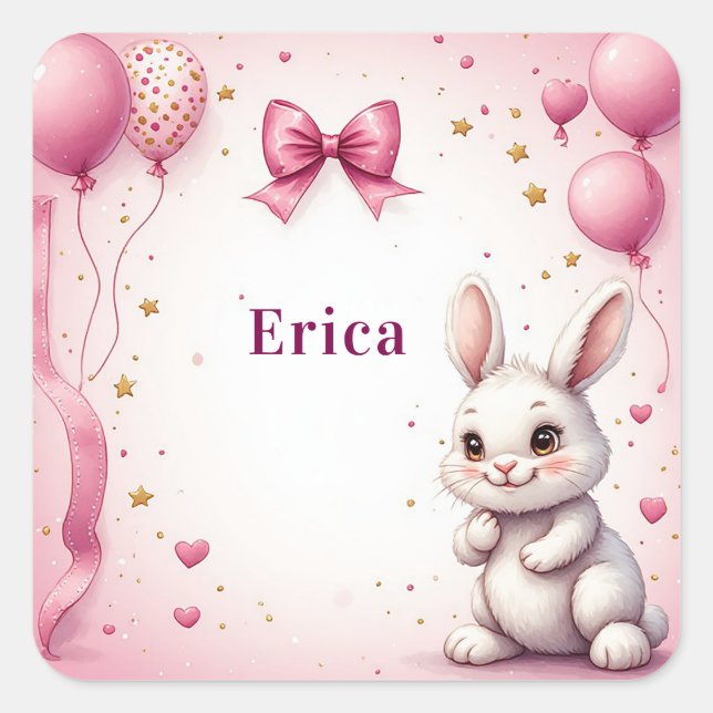 Pink Bunny Birthday Balloon 🐰 Square Sticker (Front)