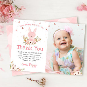Pink Bunny Butterfly Birthday Photo Thank You Card