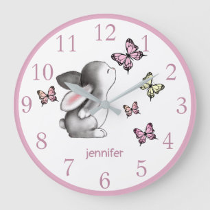 Pink Bunny Butterfly Nursery Decor Wall Clock