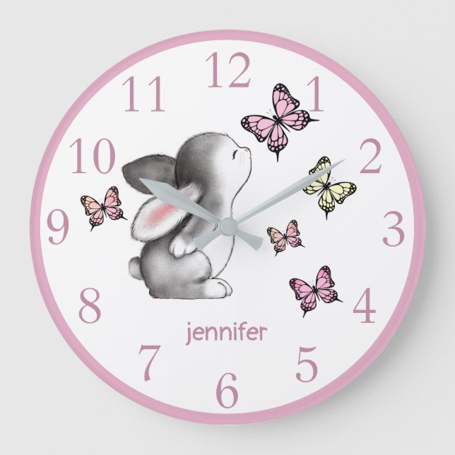 Pink Bunny Butterfly Nursery Decor Wall Clock (Front)