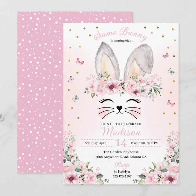 Pink Bunny Ears Flower Crown Easter Birthday Invitation (Front/Back)