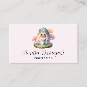 Pink Bunny & Egg Shaped House Kawaii Style Business Card