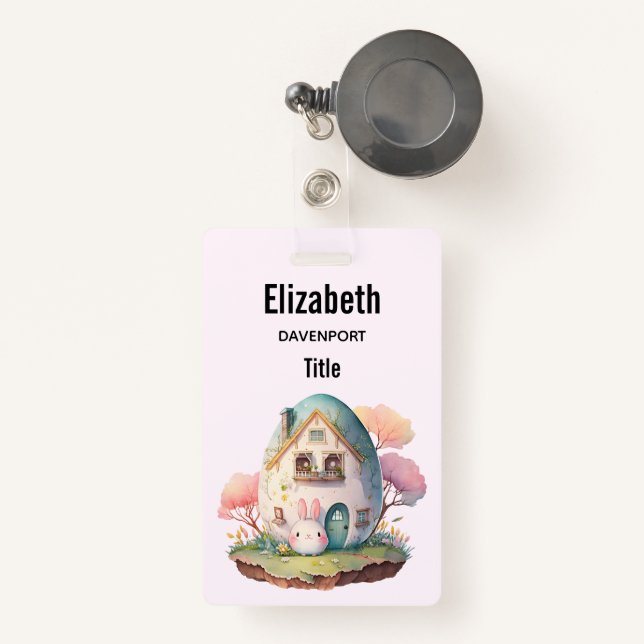 Pink Bunny & Egg Shaped House Kawaii Style ID Badge (Front with Retractable)