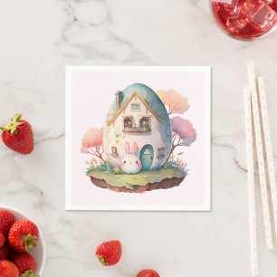 Pink Bunny & Egg Shaped House Kawaii Style Napkin