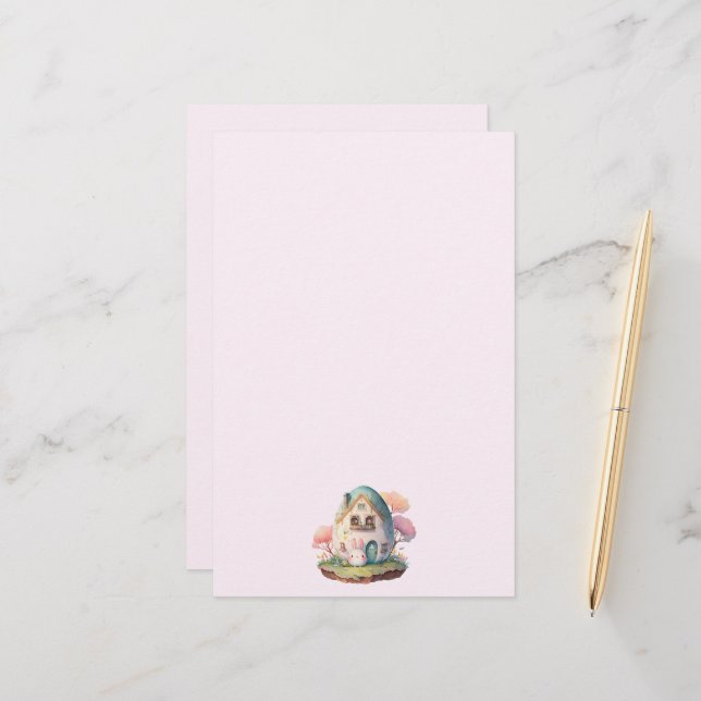 Pink Bunny & Egg Shaped House Kawaii Style Stationery (Front/Back In Situ)