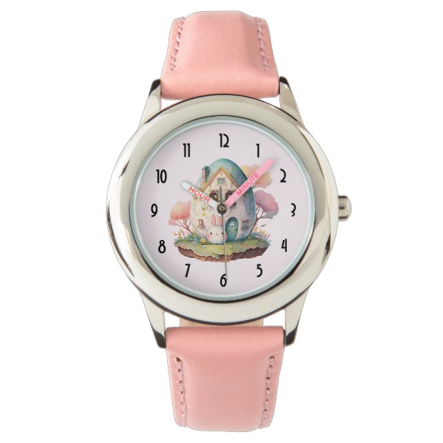 Pink Bunny & Egg Shaped House Kawaii Style Watch (Front)
