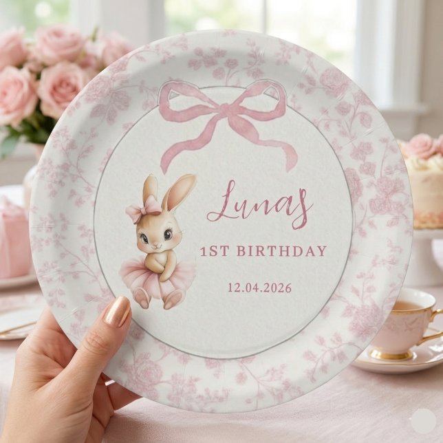 Pink Bunny First Birthday Personalised Party Plate (Creator Uploaded)