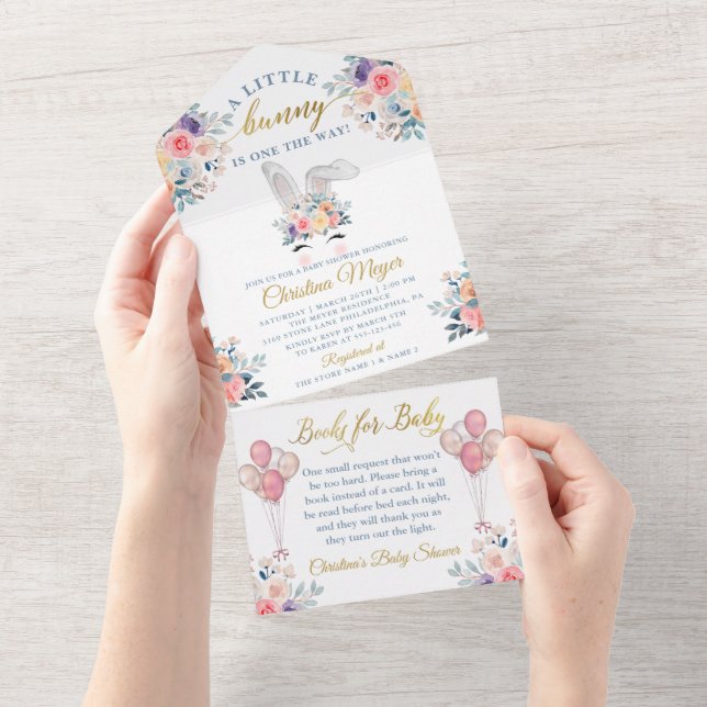 Pink Bunny Floral Baby Shower Books for Baby All In One Invitation (Tearaway)