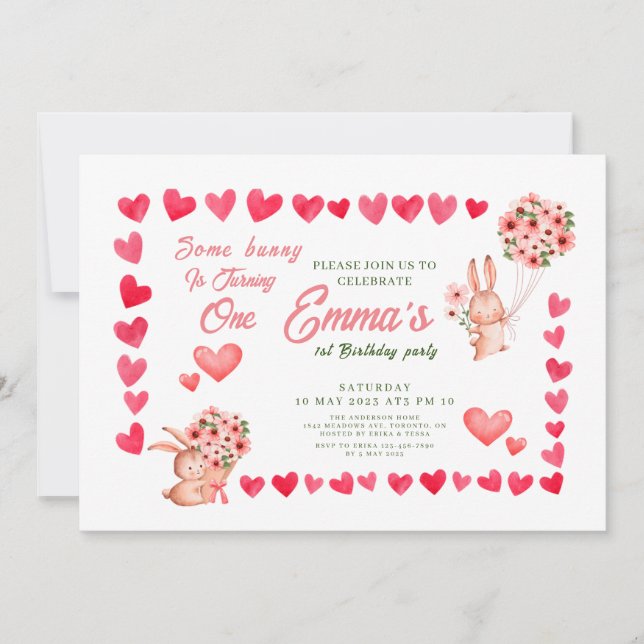 Pink bunny Floral first birthday Invitation (Front)