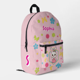 Pink Bunny Flowers Name Spring Girls Design Printed Backpack