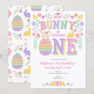 Pink, Bunny, Girl 1st Birthday, Spring, Easter Invitation