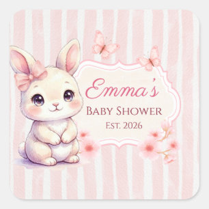 Pink Bunny Girl Watercolor Stripes Baby Shower Square Sticker