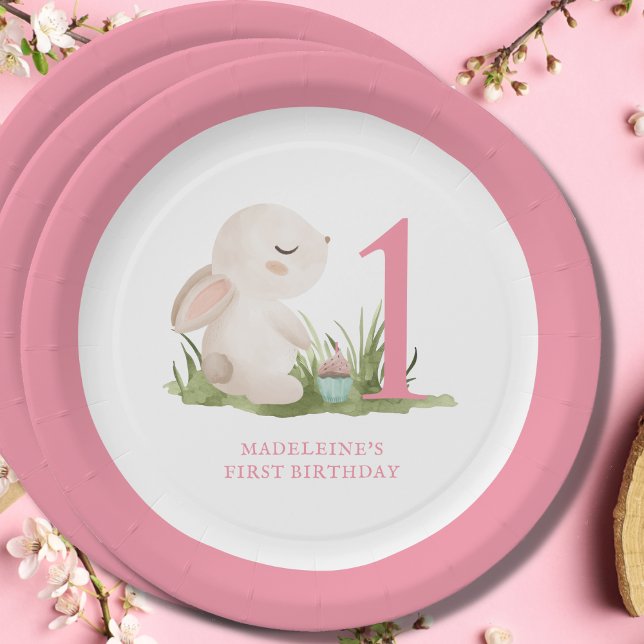 Pink Bunny Girl's 1st Birthday Paper Plate (Creator Uploaded)