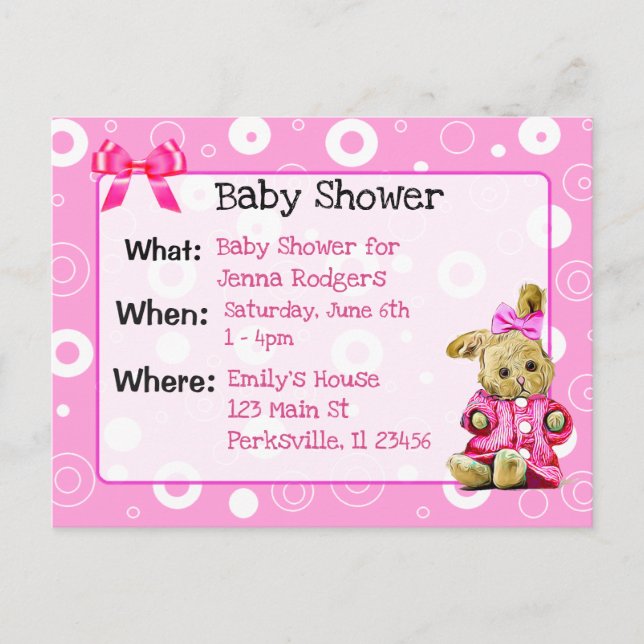 Pink Bunny Girl's Baby Shower Invitation Postcard (Front)