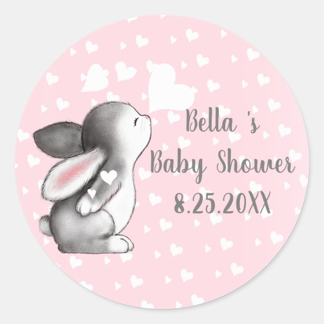 Pink Bunny Heart Confetti Baby Shower Stickers (Front)