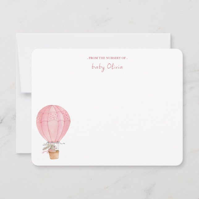 Pink Bunny in Hot Air Balloon Baby girl Thank You Card (Front)