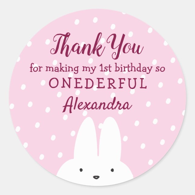 Pink Bunny Onederland 1st Birthday Classic Round Sticker (Front)