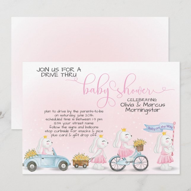 Pink Bunny Parade Drive Thru Baby SHower Invitation (Front/Back)