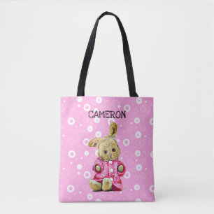 Pink Bunny Personalised White Polka Dot Tote Bag