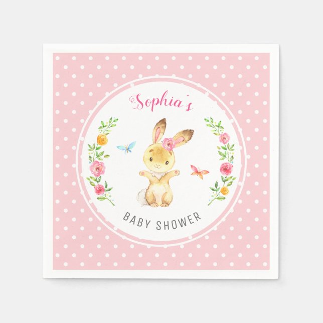 Pink Bunny Polka Dot Girl Baby Shower Sprinkle Napkin (Front)
