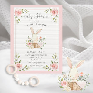 Pink Bunny Rabbit Columned Paper Baby Shower Invitation