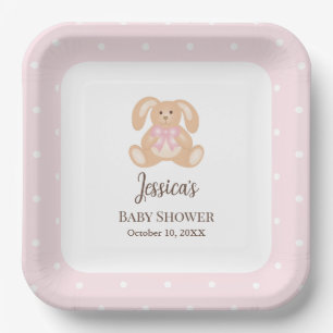 Pink Bunny Rabbit Cute Polka Dots Girl Baby Shower Paper Plate