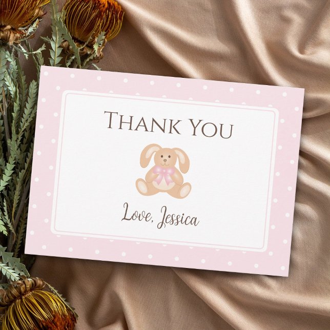 Pink Bunny Rabbit Cute Polka Dots Girl Baby Shower Thank You Card (Creator Uploaded)