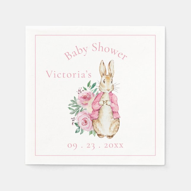 Pink Bunny Rabbit Floral Baby Shower Napkin (Front)