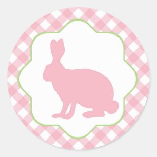 Pink bunny rabbit gingham checks round sticker