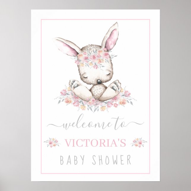 Pink Bunny Rabbit Girl Baby Shower Welcome Sign (Front)