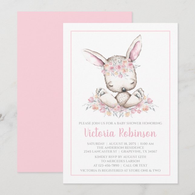 Pink Bunny Rabbit Girl Watercolor Baby Shower Invitation (Front/Back)