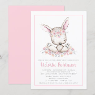 Pink Bunny Rabbit Girl Watercolor Baby Shower Invitation