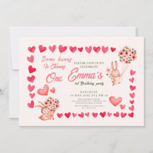 Pink bunny rabbit with Heart birthday party  Invitation