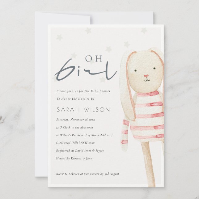 Pink Bunny Soft Toy Oh Girl Baby Shower Invite (Front)