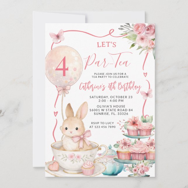 Pink Bunny Tea Party Birthday Let’s Par Tea Invitation (Front)
