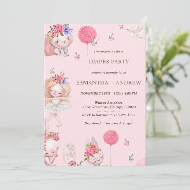 Pink Bunny Themed Diaper Party Invitation (Standing Front)