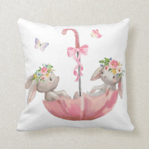 Pink Bunny Umbrella Boho Baby Girl Nursery Pillow