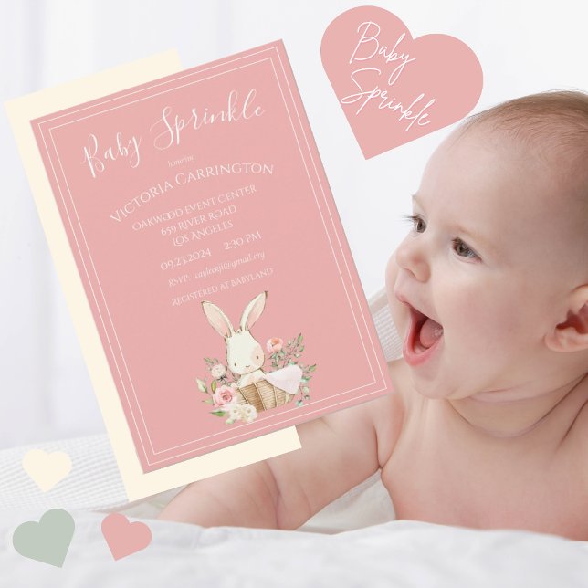 Pink Bunny Watercolor Floral Baby Sprinkle Shower  Invitation (Creator Uploaded)
