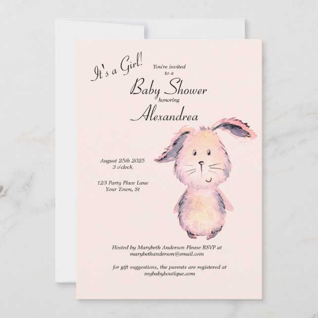 Pink Bunny Watercolor It's a Girl Baby Shower Invitation (Front)
