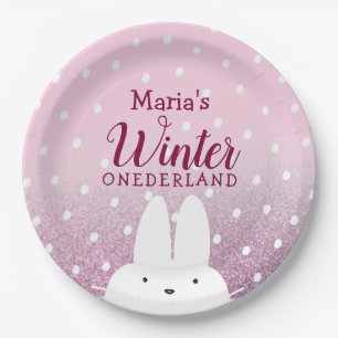 Pink Bunny Winter Onederland 1st Birthday Paper Plate