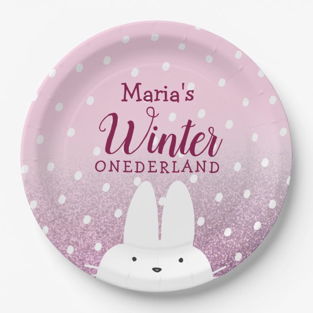 Pink Bunny Winter Onederland 1st Birthday Paper Plate (Front)